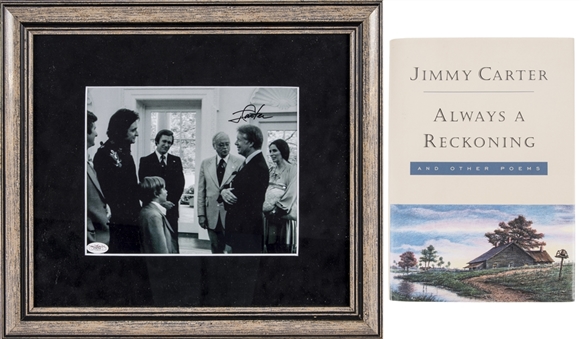 Lot of (2) Jimmy Carter Signed Photo in 18x16 Framed Display & "Always a Reckoning" Book (JSA & Beckett)